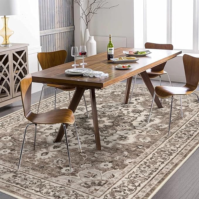 TOPRUUG Washable Oriental Area Rug - 5x7 Rugs for Living Room Soft Carpet for Bedroom Waterproof Floral Distressed Indoor Stain Resistant Non-Shedding Floor Carpets (Beige, 5x7)