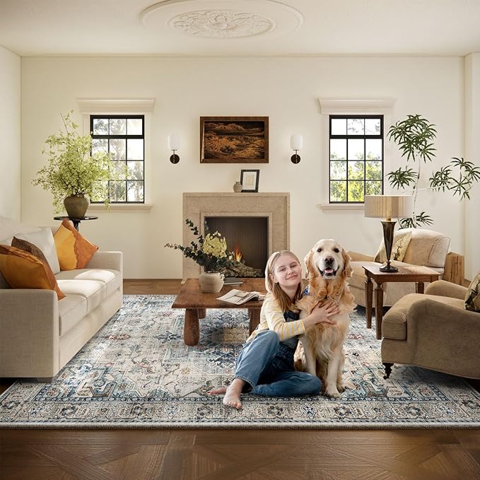 palohom 10x12 Area Rugs for Living Room: Large Area Rug Washable Stain Resistant Non Slip Distressed Vintage Low Pile Faux Wool Soft Rugs for Bedroom Farmhouse Dining Room Kids Playroom Nursery