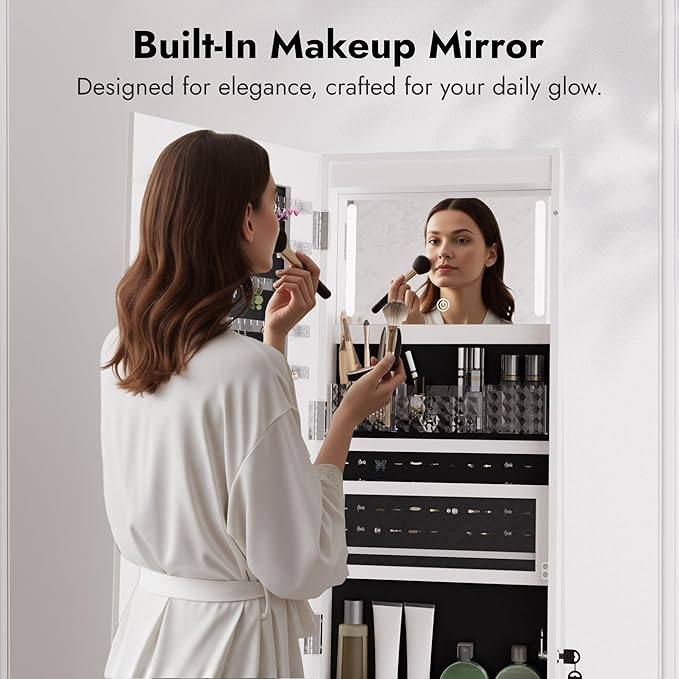 Zamildon's LED Mirror Jewelry Armoire, 360° Swivel Mirrored Jewelry Storage Cabinet with Interior LED Lights, Full Length Mirror Floor Standing Jewelry Organizer with Storage Shelves (White)