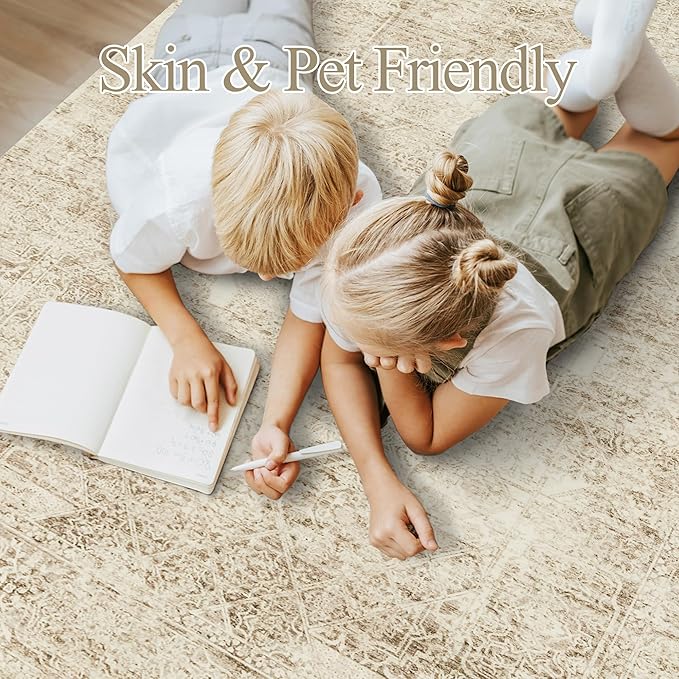 Soalmost 5x7 Area Rugs Brown Low Pile Indoor Washable Trendy Faded Style Floral Rugs for Bedroom Living Room Dining Room Foldable Non-Slip Thin Print Mat
