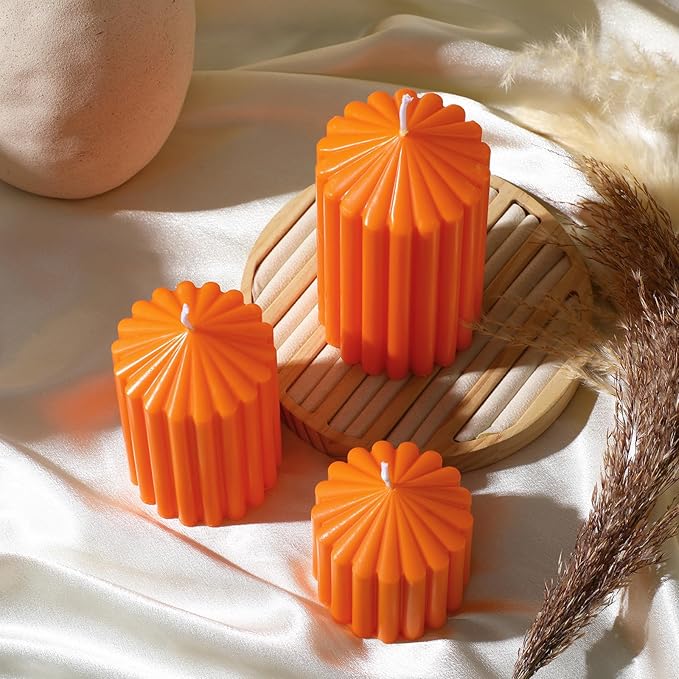 Conelist Set of 3 Orange Ribbed Pillar Candles Soy Wax Scented Ribbed Candles Includes 2.8, 4.2 and 5.1 Inches Heights Decorative Romantic Wedding Decoration for Couple Home Birthday Gift