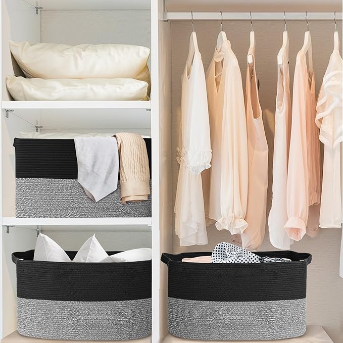 MEGASKET Extra Large Storage Baskets, 22" x 17" x 12" Black Baskets for Organizing, Rectangle Woven Basket for Blankets, Toys, Towels, Laundry, Decorative Wicker Storage Basket, Basket for Decor