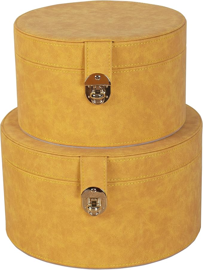 Large Leather Decorative Boxes Set of 2 Round Hat Box Bin Basket with Lid for Shelf Coffee Table Storage Remotes Modern Home Decor (yellow)