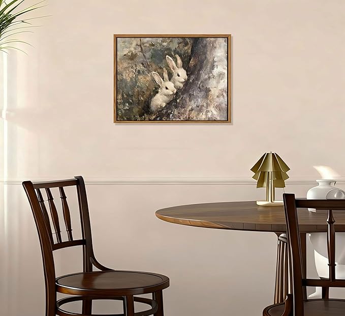 Framed Vintage Bunny Canvas Wall Art Rustic Rabbit in the Forest Vintage Farmhouse Painting Classical Oil Cottagecore Wall Decor For Bedroom Living Room Kitchen Office