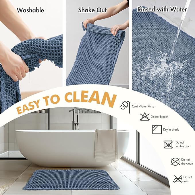 MIULEE Set of 2 Waffle Bathroom Rugs, Boho Bath Rugs Non Slip Washable, Super Absorbent Bath Mats, Ultra Soft Rubber Backed Shower Mats for Bathroom Floor, Tub and Shower, Blue, 17x24 Inch