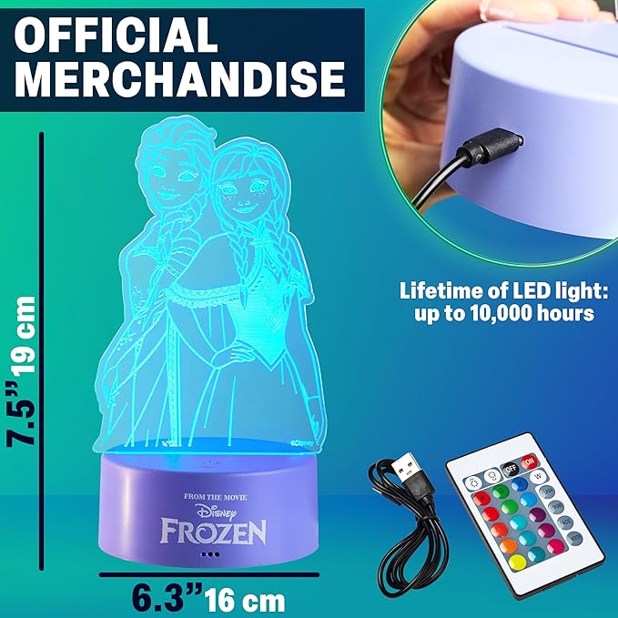 Get Trend Disney Frozen 3D Illusion Night Light for Kids, Anna & Elsa, 16 Colors, 4 Lighting Modes, Dimmable, Dual Powered LED Desk Lamp, Bedroom Decor, Gifts for Girls (Multi Frozen)