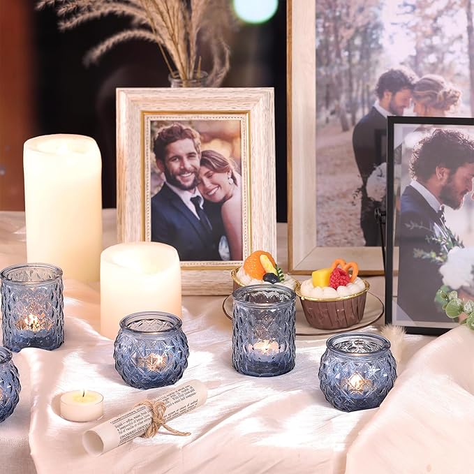 NITIME 12Pcs Assorted Blue Votive Candle Holders, Tea Lights Candle Holder for Wedding Decor, Blue Candle Holders for Table Centerpiece, Bridal Shower, Baby Shower Decorations