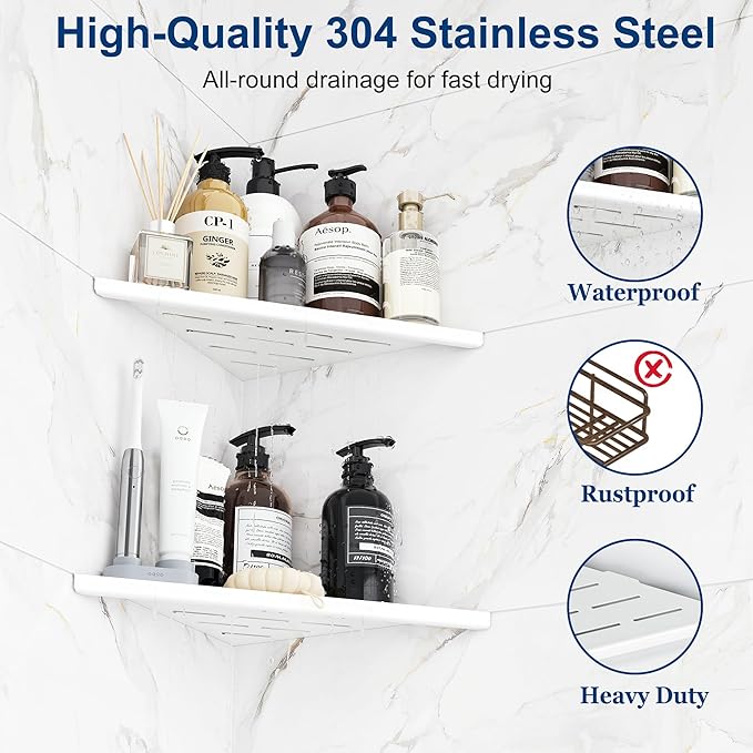 Qeke Corner Shower Shelves, 10” Recessed Tile Shower Shelf, 304 Stainless Steel Grout in Corner Tile Shower Shelves, No Drilling, Matte White, 2 Pack