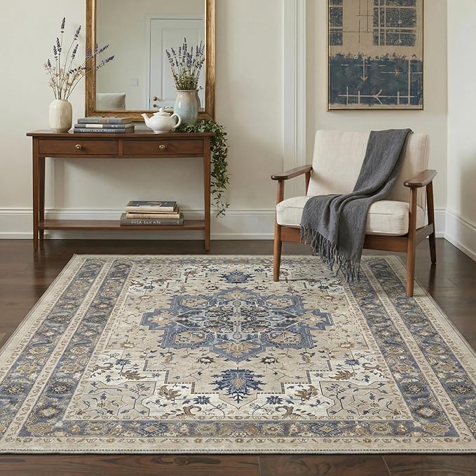 GENIMO 2x10 Runner Rugs for Hallway, Machine Washable Non Slip Vintage Rugs, Low Pile Lightweight Soft Print Carpet for enrtyway, Corridor, Home Office, Kitchen, Blue Cream
