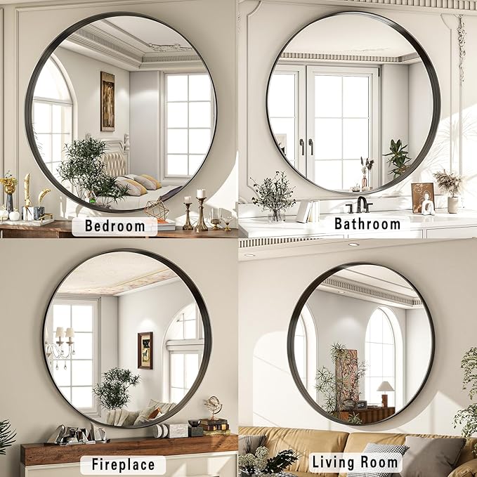 30 inch Round Bathroom Mirror, Black Metal Deep Frame Wall Mounted Circle Mirror for Wall Decor, Living Room, Vanity, Entryway, Hanging or Leaning