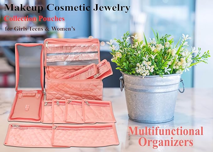 atorakushon Satin Transparent Makeup Pouches Case Cosmetic Necklace Earrings Jewellery Box Travel Organizer For Women Peach with 10 Pouch