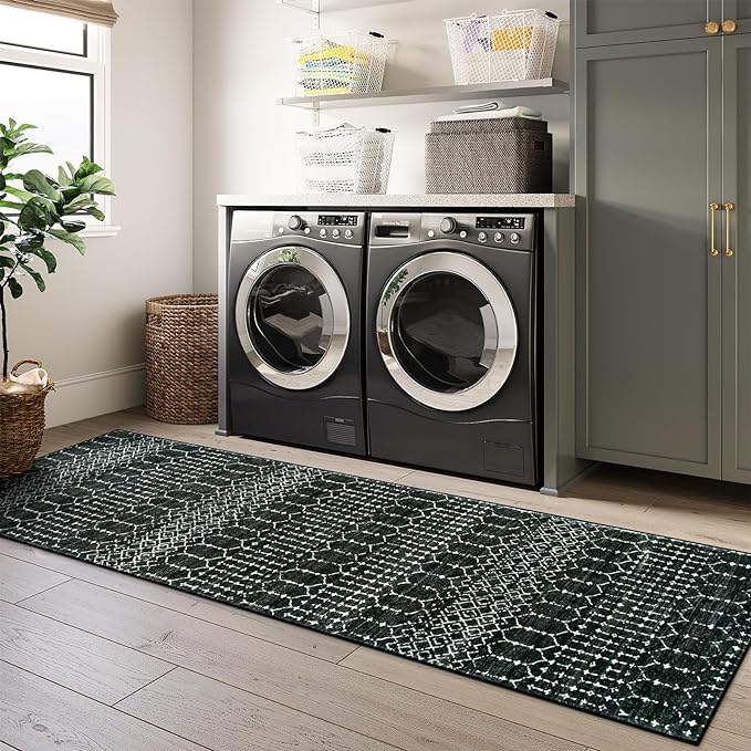 Lahome Moroccan Black Rug 2x8 Washable Non-Skid Kitchen Floor Runner, Low-Profile, Non Slip, Geometric Print Distressed Entryway Runner for Hallways, Laundry Room, Foyer Hana