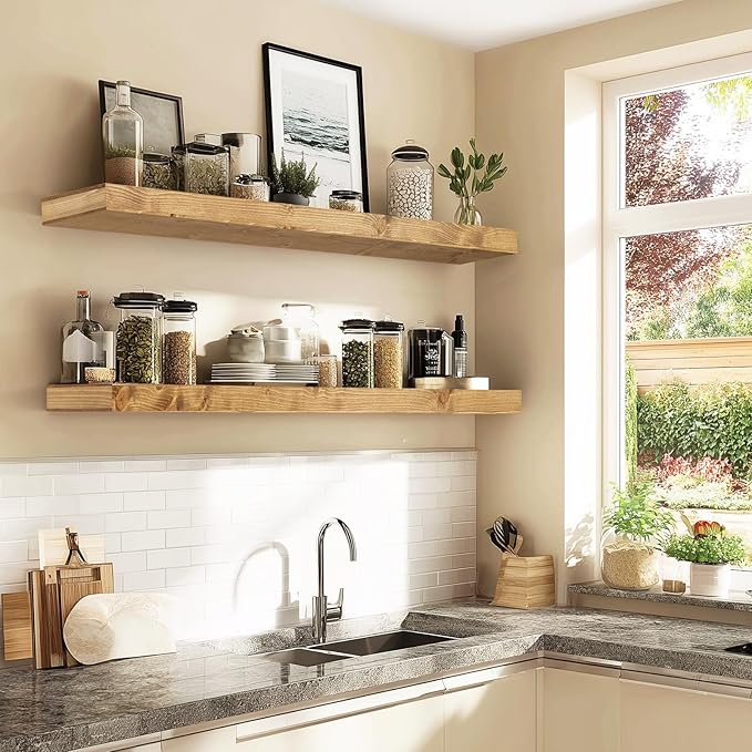 48x6.8x2in Floating Shelf – Natural Oak Solid Wood Rustic Mounted Shelf – Heavy Duty Decorative Storage for Living Room, Kitchen, Bathroom, Bedroom