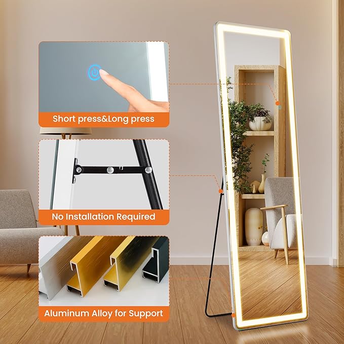 NEWBULIG Full Length Mirror, Full Body Floor Mirror with Aluminum Alloy Thin Frame, Wall or Standing Mirror for Bedroom, Living Room, Dressing Room