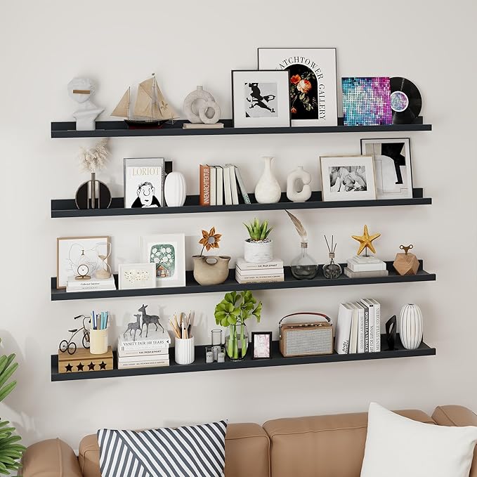 Axeman Picture Ledge Shelf | 55 Inch Black Floating Shelves Set of 4 | Rustic Wood Wall Shelves with Lip | 55" Black Picture Shelves for Wall with Ledge | Photo Shelves