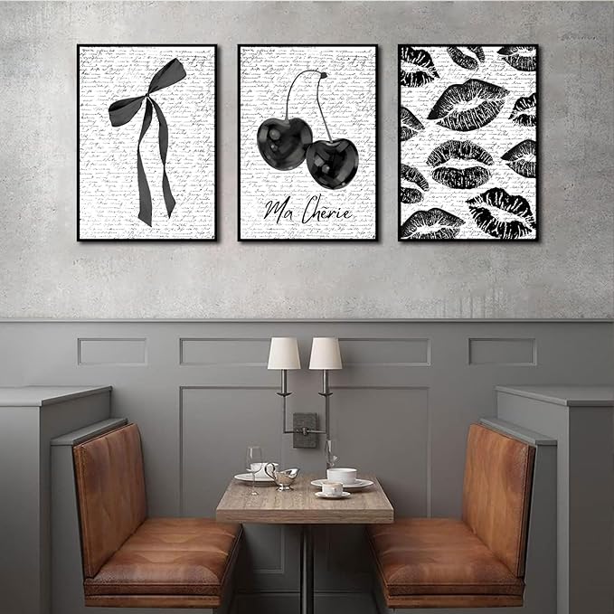 3Pcs Fashion Black White Lips And Cherry Canvas Wall Art Vintage Girl Funky Aesthetic Bow Wall Decor Ma Cherie Dark Coquette Posters Prints for Neutral Preppy Apartment Girl Room12x16in Unframed (poster, 12x16inx3pcs)