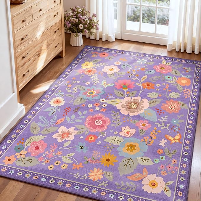 RELEANY Floral Nursery 3x5 Area Rugs Washable Print Boho Cute Carpet Non Slip Flower Low Pile for Living Room Kids Girls Playroom Bedroom Kitchen Office Farmhouse-Purple/Pink/Multi
