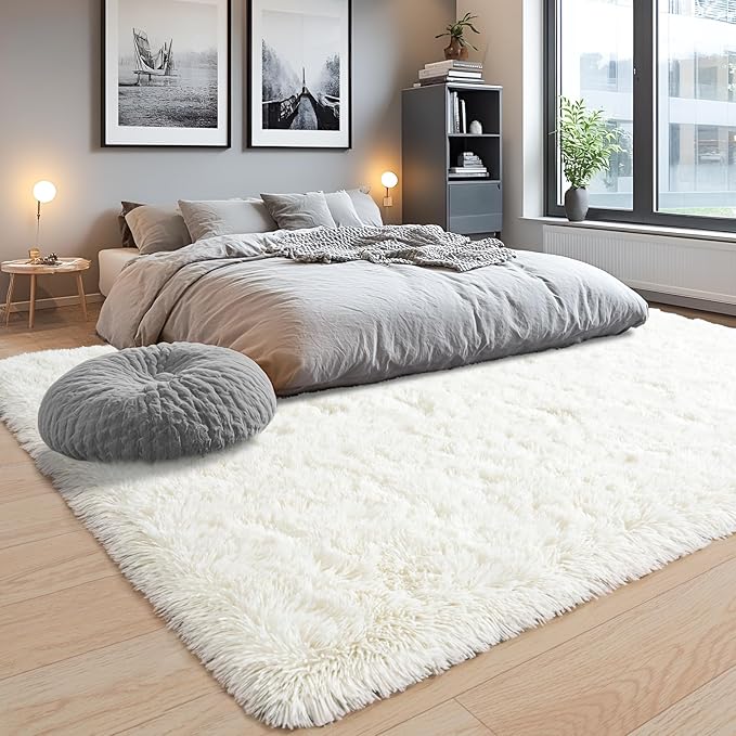 Area Rugs 10x14 for Living Room, Ultra Soft Fluffy Rugs for Bedroom, Non-Slip Furry Large Rug for Teen Girls and Boys,Nursery Kids Room Dorm Home Decor, High Pile Plush Floor Carpet, Cream White