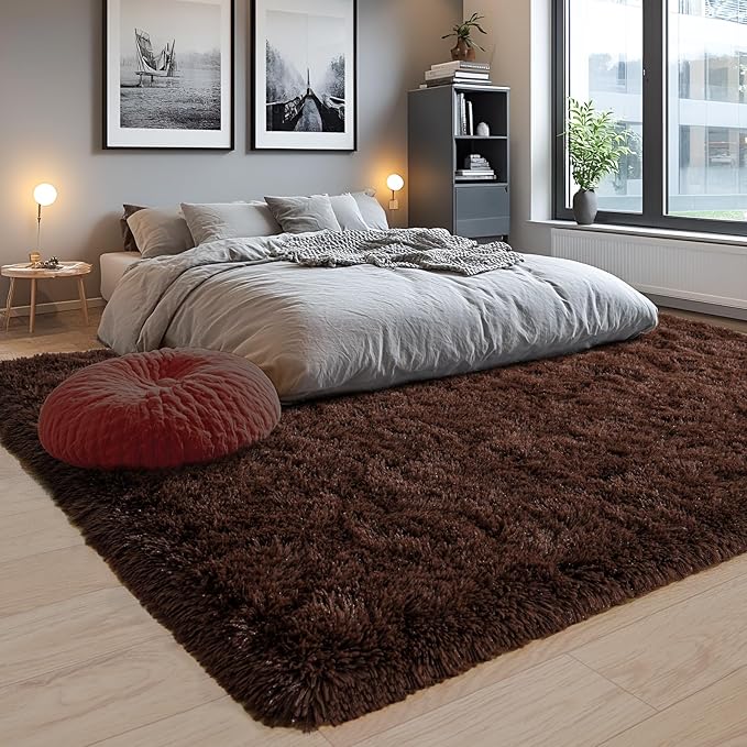 Area Rugs 9x12 for Living Room, Ultra Soft Fluffy Rugs for Bedroom, Non-Slip Furry Large Rug for Teen Girls and Boys,Nursery Kids Room Dorm Home Decor, High Pile Plush Floor Carpet, Brown