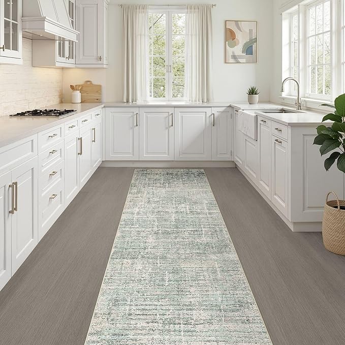 Runner Rug Non-Slip Kitchen Rug: 3x10 Washable Abstract Modern Soft Stain Resistant Indoor Floor Neutral Accent Throw Carpet for Hallway Bathroom Laundry Room Bedroom Entryway- Green