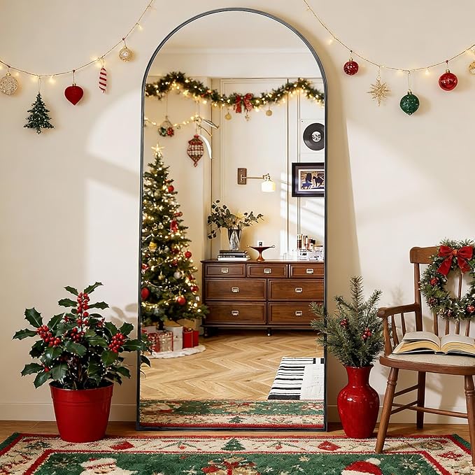 BEAUTYPEAK 64"x21" Arch Floor Mirror, Full Length Mirror Wall Mirrors Hanging or Leaning Arched-Top Full Body Mirror with Stand for Bedroom, Dressing Room, Black