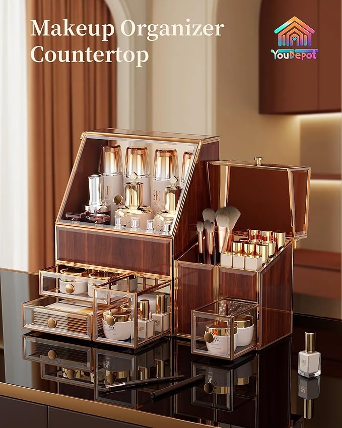 Youdepot Tempered Glass Makeup Organizer Countertop 5-Drawer Jewelry Box - Large Velvet-Lined - Multi-Functional jewelry organizer,Skincare Storage for Vanity and Bathroom Countertop
