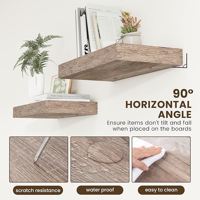 FLYJOE 12 Inch Deep Floating Shelves | 24 Inch Grey Floating Shelves | 24''W x 12''D Rustic Grey Wood Shelves for Wall | Deep Wood Shelves for Living Room Bathroom Laundry Room Kitchen
