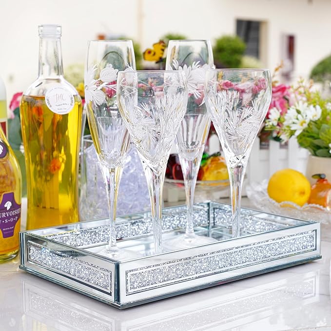 Kanpura Crush Diamond Mirror Perfume Tray, Silver Glass Mirror Trays for Vanity, Jewelry Organizer, Decorative Serving Tray for Christmas Coffee Table Decor(11.5”x7.5”x2”)