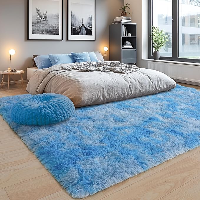 Area Rugs 9x12 for Living Room, Ultra Soft Fluffy Rugs for Bedroom, Non-Slip Furry Large Rug for Teen Girls and Boys,Nursery Kids Room Dorm Home Decor, High Pile Plush Floor Carpet, Tie-Dye Blue