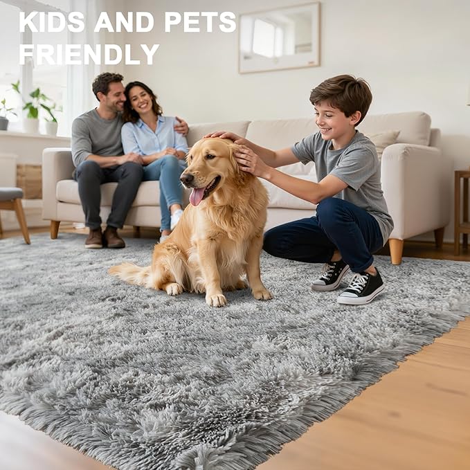 Fluffy Area Rugs for Bedroom - Soft Plush Shag Rug for Living Room Nursery Kids Room - Non Slip Fuzzy Shaggy Floor Carpets for Girls Boys Play Room Dorm Decor (Tie-Dyed Light Grey, 8' x 10')