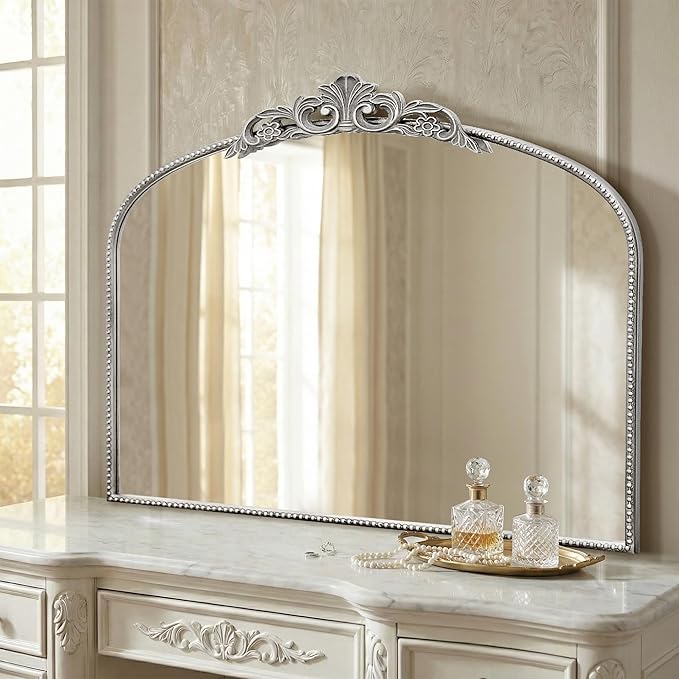 Micasso Antique Wall Silver Mirror: 40" x 29" French Baroque Vintage Mirror - Traditional Ornate Decorative Arched Mirrors for Wall/Bathroom/Entryway/Fireplace/Hallway - Home Decor for Living Room