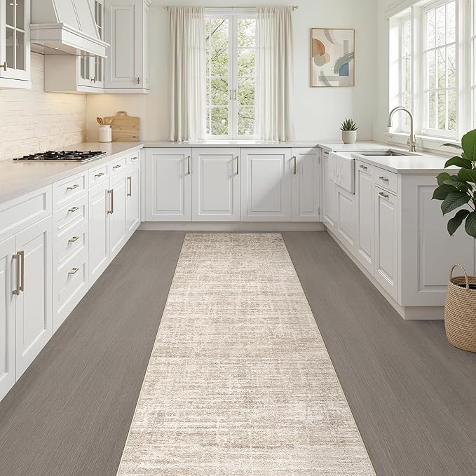 Runner Rug Non-Slip Kitchen Rug: 3x10 Washable Abstract Modern Soft Stain Resistant Indoor Floor Neutral Accent Throw Carpet for Hallway Bathroom Laundry Room Bedroom Entryway- Beige