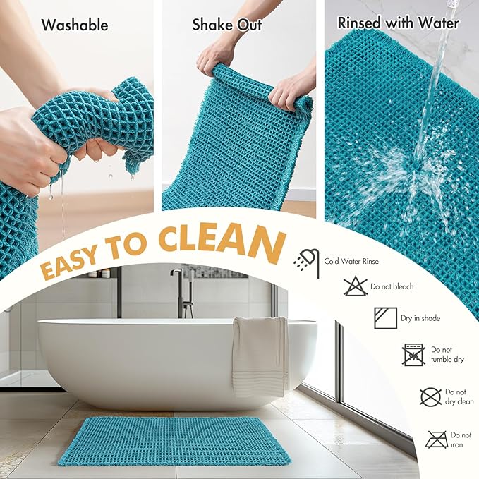 MIULEE Set of 2 Waffle Bathroom Rugs, Boho Bath Rugs Non Slip Washable, Super Absorbent Bath Mats, Ultra Soft Rubber Backed Shower Mats for Bathroom Floor, Tub, Teal, 17"x24"+18"x30"