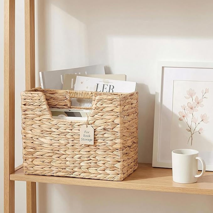 Water Hyacinth Magazine Basket, Dual Compartment Storage Basket with Handle, Natural Fiber Wicker Storage Baskets for Shelves Home Organization & Office Organizer