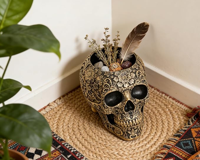 Skull Bowl Decorative Skull Vase Makeup Brush Pen Holder Organizer Dresser Gothic Table Organizer Decoration, Antique Gold Skull Pot Enthusiasts Gifts