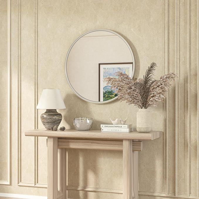 TETOTE Brushed Nickel Mirror 30 inch Round Mirror for Wall, Bathroom, Living Room, Bedroom, Vanity, Entrance