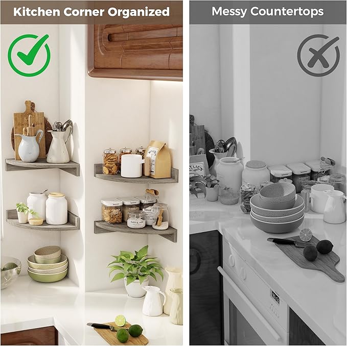Corner Shelves 3-Pack for Bathroom & Kitchen, Space-Saving Floating Corner Wall Shelf with Easy Installation- Grey