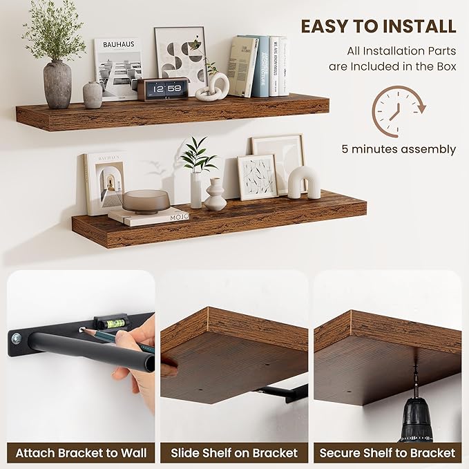 Fun Memories Floating Shelves for Wall 36 Inches, Wood Shelves with Invisible Bracket, 10" Deep Shelves Wall Mounted, Large Floating Shelves for Living Room Bathroom, Rustic Brown, Set of 2