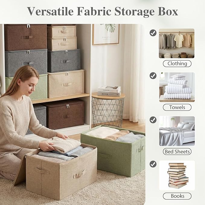 ANMINY Storage Bins with Zipper Lids 36 Qt Lidded Fabric Storage Boxes Baskets Cubes with Handles Collapsible Washable Cotton Linen Closet Shelf Clothes Organizer Containers - Gray, Large