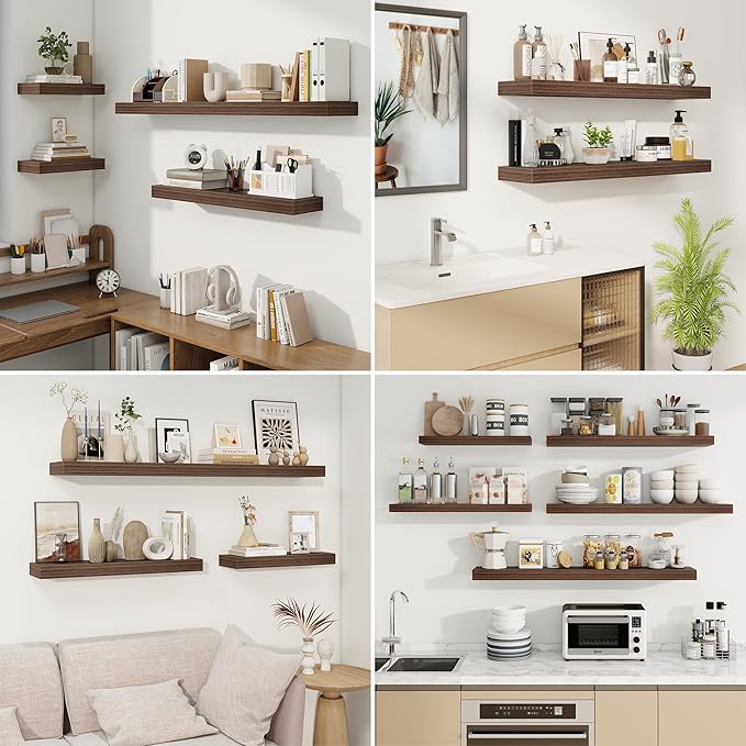 fuqing Floating Shelves for Wall, Wall Mounted Wood Floating Shelf with Invisible Brackets for Living Room, Bathroom, Bedroom, Kitchen Storage and Decor, 20 Inch Set of 2, Walnut