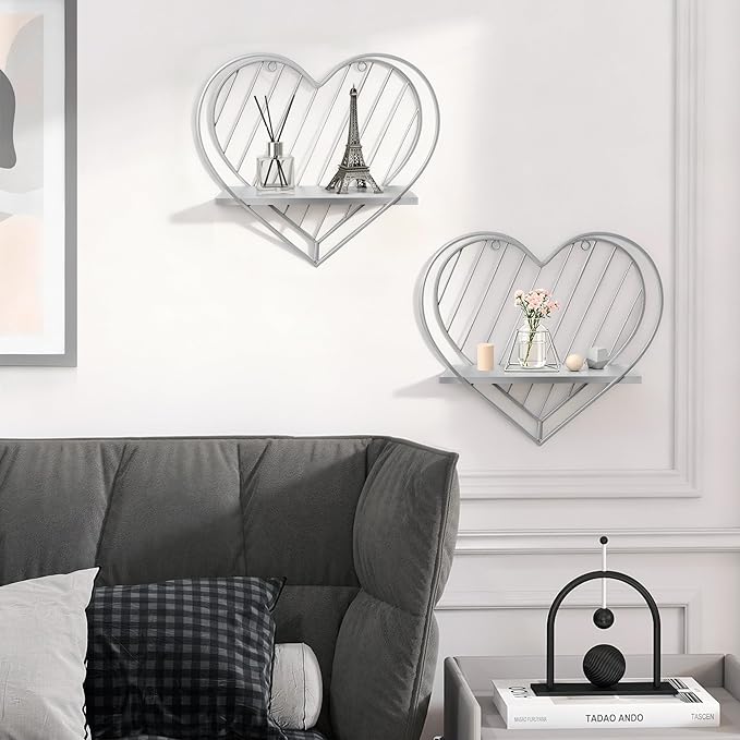 Afuly Wall Shelf Metal Grey Floating Shelves Heart Design Small Shelf Storage Rack Modern Romantic Farmhouse Style Cute Fancy Unique Nursery Room Bathroom Bedroom Wall Decor