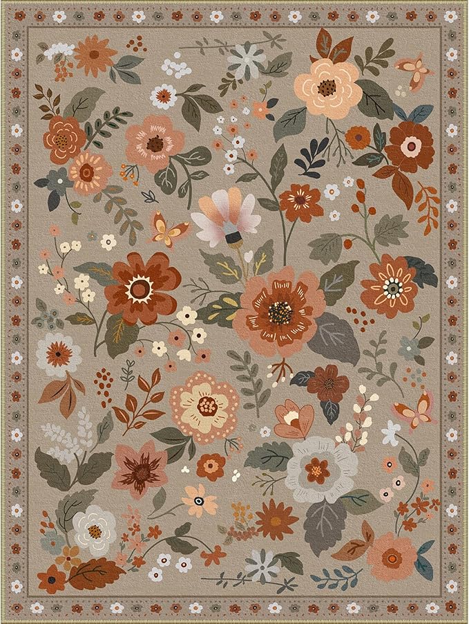 RELEANY Floral Nursery 2x3 Area Rugs Washable Print Boho Cute Carpet Non Slip Flower Low Pile for Living Room Kids Girls Playroom Bedroom Kitchen Office Farmhouse-Brown/Brick