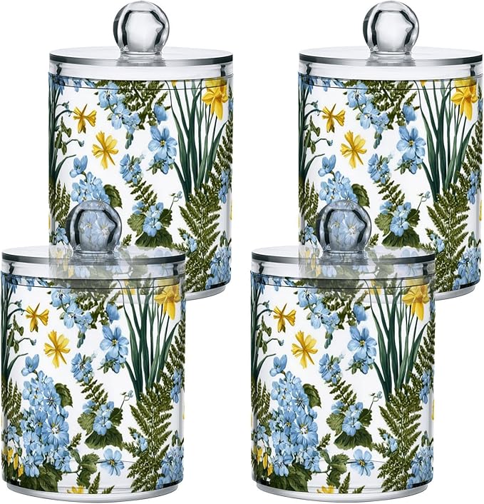 2 Pack Apothecary Jars Vibrant Wildflower Garden Floral Bathroom Vanity Storage Organizer Set,Small Clear Plastic Storage Jars Bathroom Canister for Cotton Swabs, Rounds, Balls, Qtips,Makeup Sp