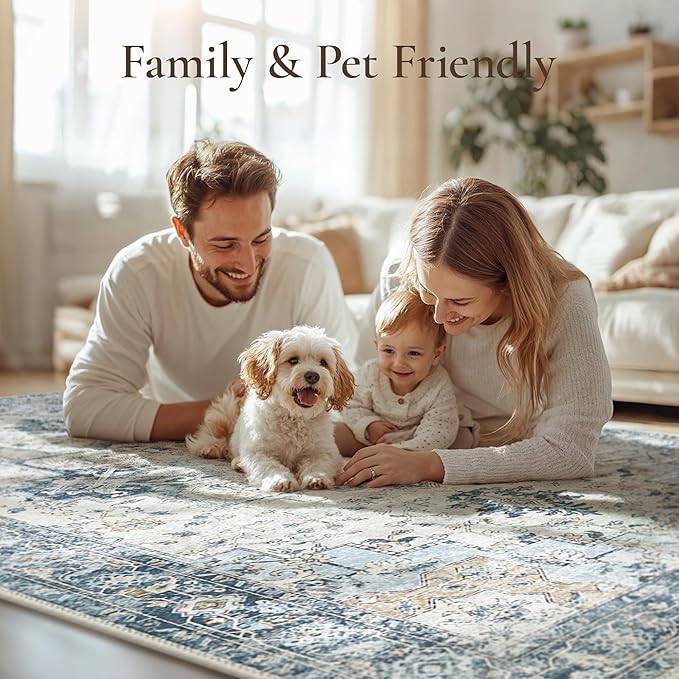GENIMO 29"x17" Area Rugs for Living Room, Machine Washable Non Slip Vintage Rugs, Low Pile Soft Chenille Print Rug for Bedroom, Dining Room, Home Office, Blue