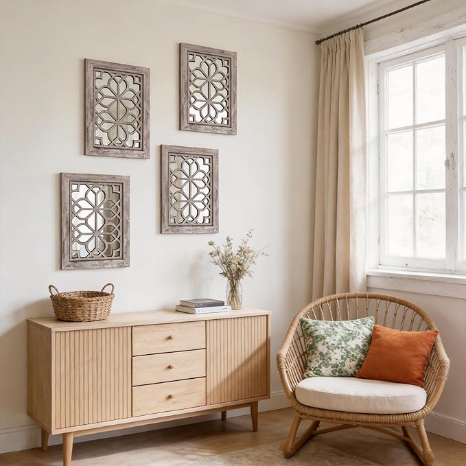Set of 2 13x17 Inch Rectangular Shatterproof Decorative Wall Mirrors, Boho Farmhouse Rustic Vintage Grey Accent Mirrors for Living Room, Bedroom, Entryway & Home Wall Decor(Brown)