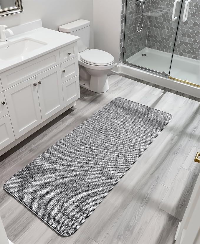 Bosap Bath Mat,Ultra Thin Bathroom Runner Rugs,Large Bath Mats for Bathroom,Quick Dry,Non-Slip,Machine Washable,Low Pile,Bath Rug,Shower Outside,Sink,Home Decor Accessories.Grey,1'9"x3'11"(21x47inch)