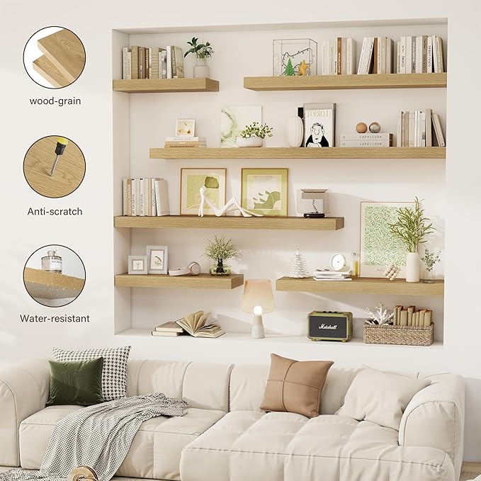 Acovy 24 Inch Floating Shelves, 12" Deep Floating Shelf Wall Mounted, 24" Wall Shelves, Rustic Deep Bookshelf, Extra Deeper & Thicker Display Shelves for Bedroom, Living Room, Oak, Set of 2