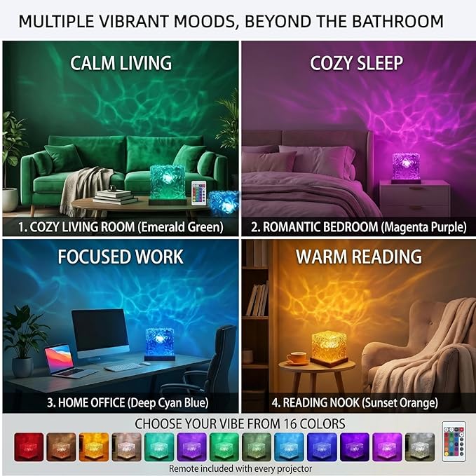 Rechargeable Ocean Wave Projector Light, 16 Color Changeable & Dimmable Shower Lamp with Remote, Cube Mood Ambient Lighting, Ocean Room Decor, Cordless Night Light for Bathroom, Room Decor