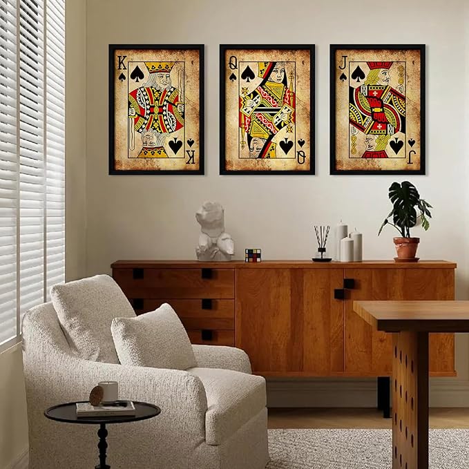 Playing Card Wall Art Poster Vintage Poker Canvas Wall Decor Retro Game Room Art Picture Joker King Queen Poster Trendy Retro Prints Vintage Poker Painting Artwork for Bedroom 12x16 Inch Framed 3Pcs