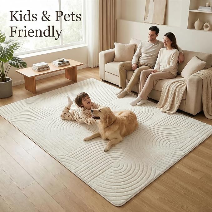Beige 5x7 Solid Color Area Rugs – Washable Living Room Rug, Modern Geometric Non-Slip Indoor Carpet with Soft High-Low Pile, Fluffy Floor Rugs for Bedroom, Kids Room, Nursery, Home Décor